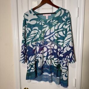 Liora Lovegrove XXL Sheer Tunic Top Blue Green Floral Artsy Boho Lightweight
